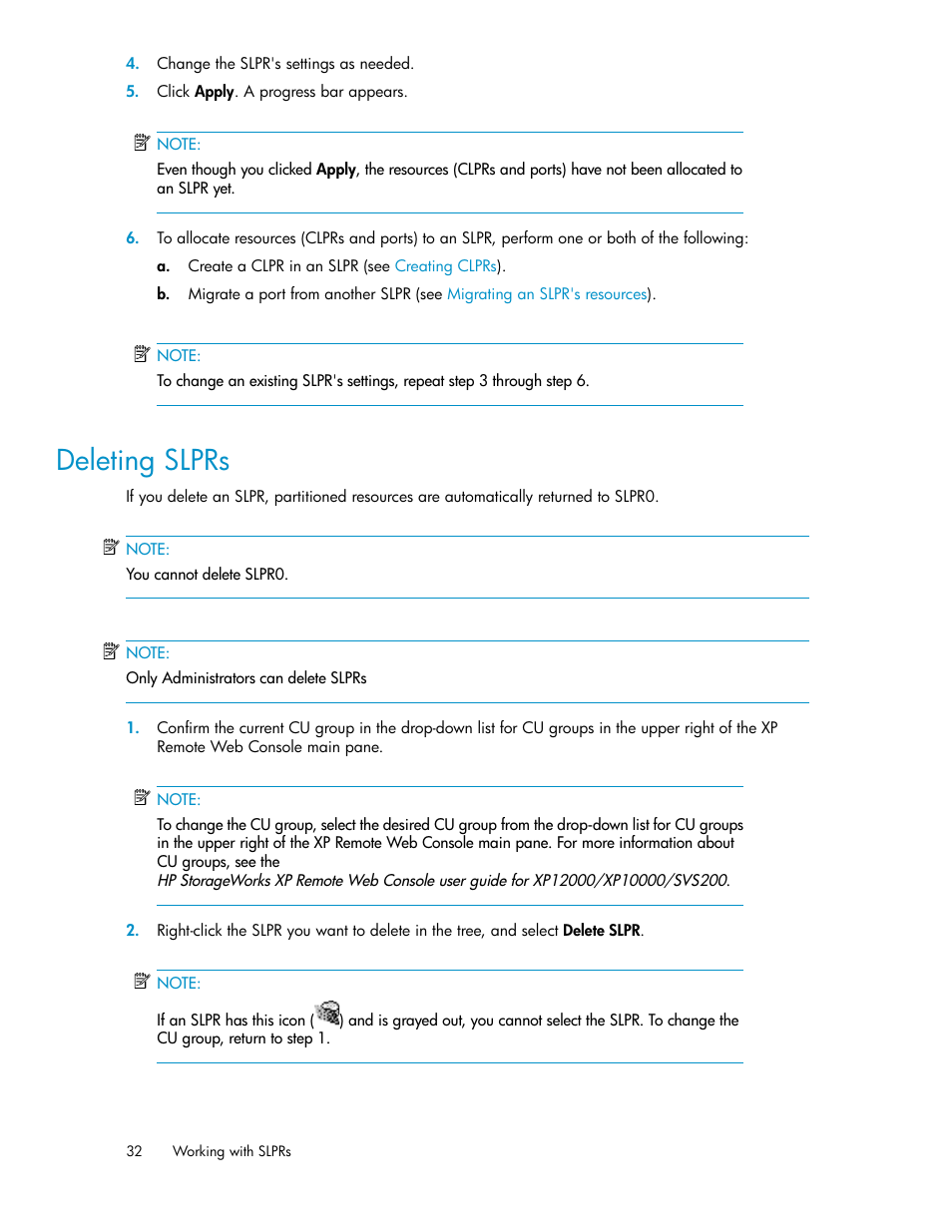 Deleting slprs, Deleting, Slprs | HP StorageWorks XP Remote Web Console Software User Manual | Page 32 / 40