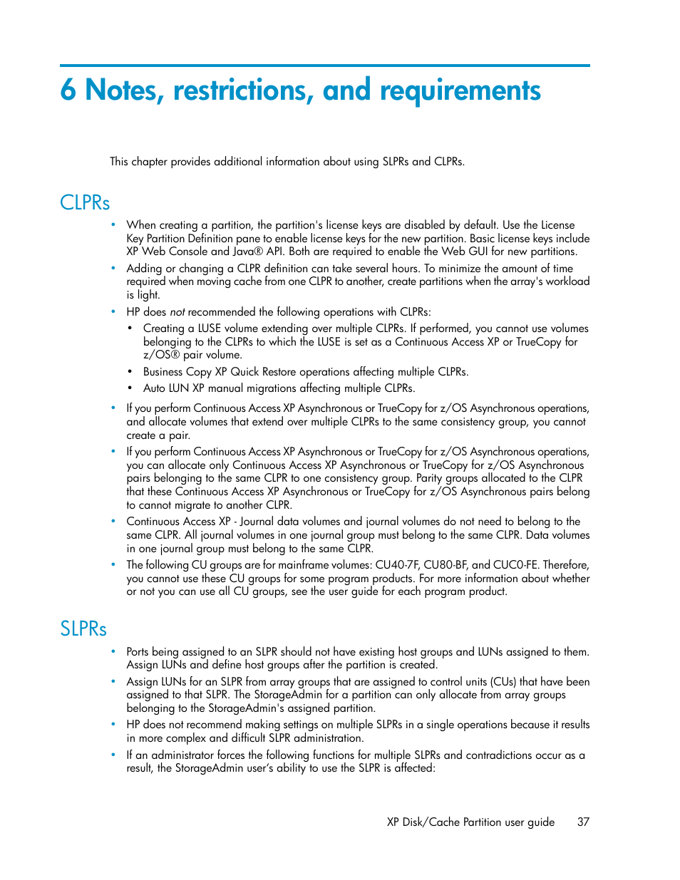 6 notes, restrictions, and requirements, Clprs, Slprs | 37 slprs | HP StorageWorks XP Remote Web Console Software User Manual | Page 37 / 40