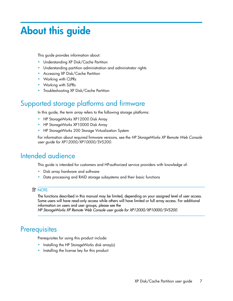 About this guide, Supported storage platforms and firmware, Intended audience | Prerequisites, 7 intended audience, 7 prerequisites | HP StorageWorks XP Remote Web Console Software User Manual | Page 7 / 40