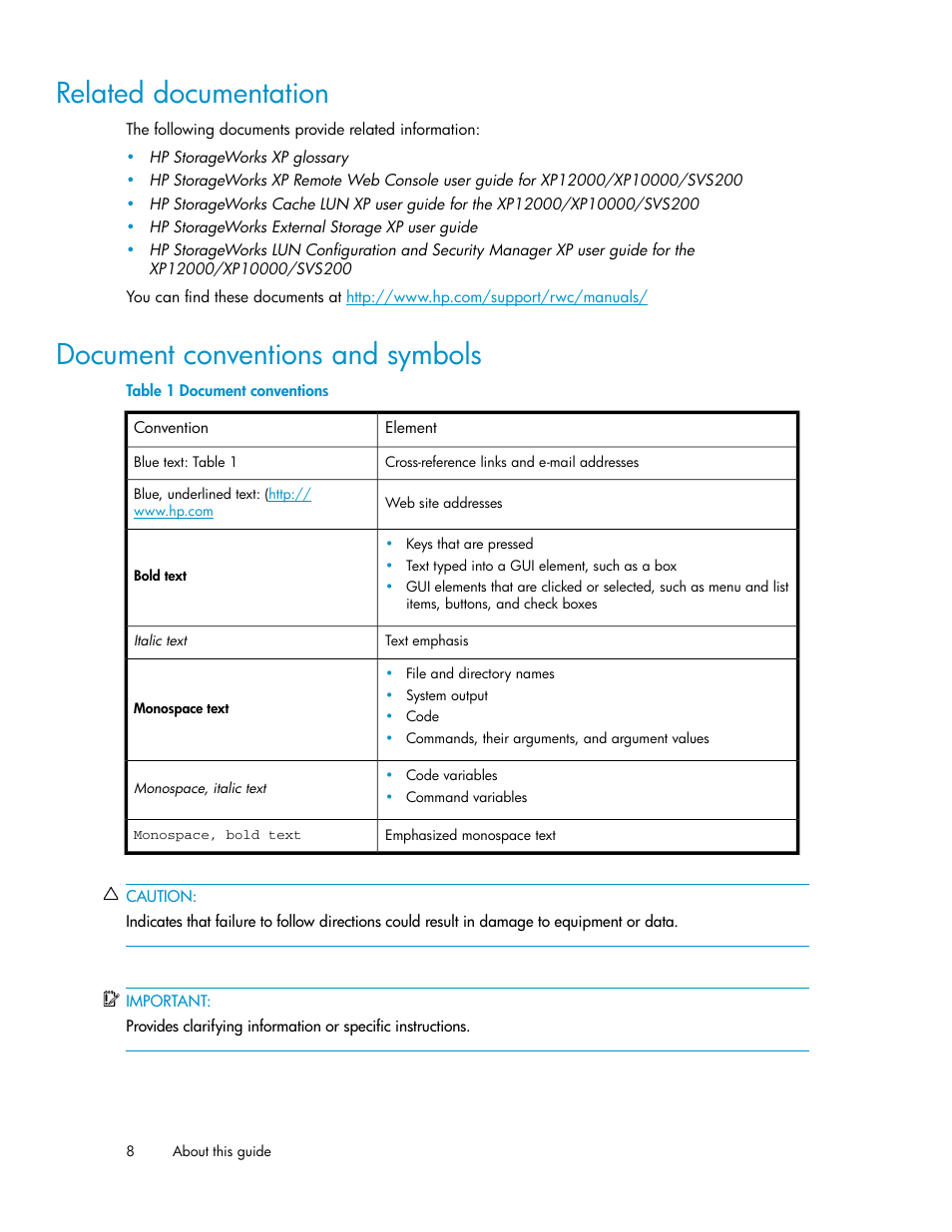 Related documentation, Document conventions and symbols, 8 document conventions and symbols | Document conventions | HP StorageWorks XP Remote Web Console Software User Manual | Page 8 / 40