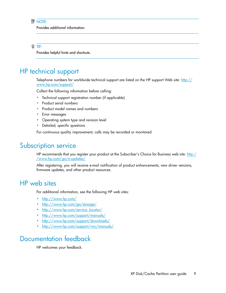 Hp technical support, Subscription service, Hp web sites | Documentation feedback, 9 subscription service, 9 hp web sites, 9 documentation feedback | HP StorageWorks XP Remote Web Console Software User Manual | Page 9 / 40