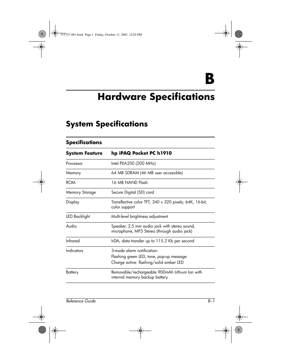 Hardware specifications, System specifications, B hardware specifications | HP iPAQ h1900 Pocket PC series User Manual | Page 101 / 105