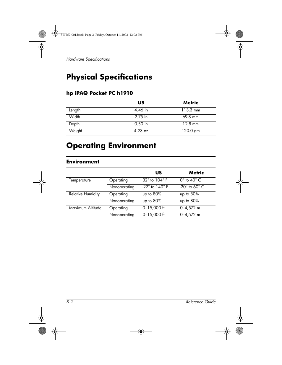 Physical specifications, Operating environment, Physical specifications operating environment | HP iPAQ h1900 Pocket PC series User Manual | Page 102 / 105