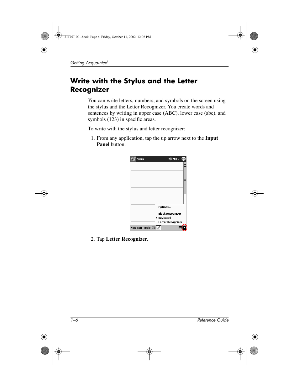 Write with the stylus and the letter recognizer, Write with the stylus and the letter recognizer –6 | HP iPAQ h1900 Pocket PC series User Manual | Page 12 / 105