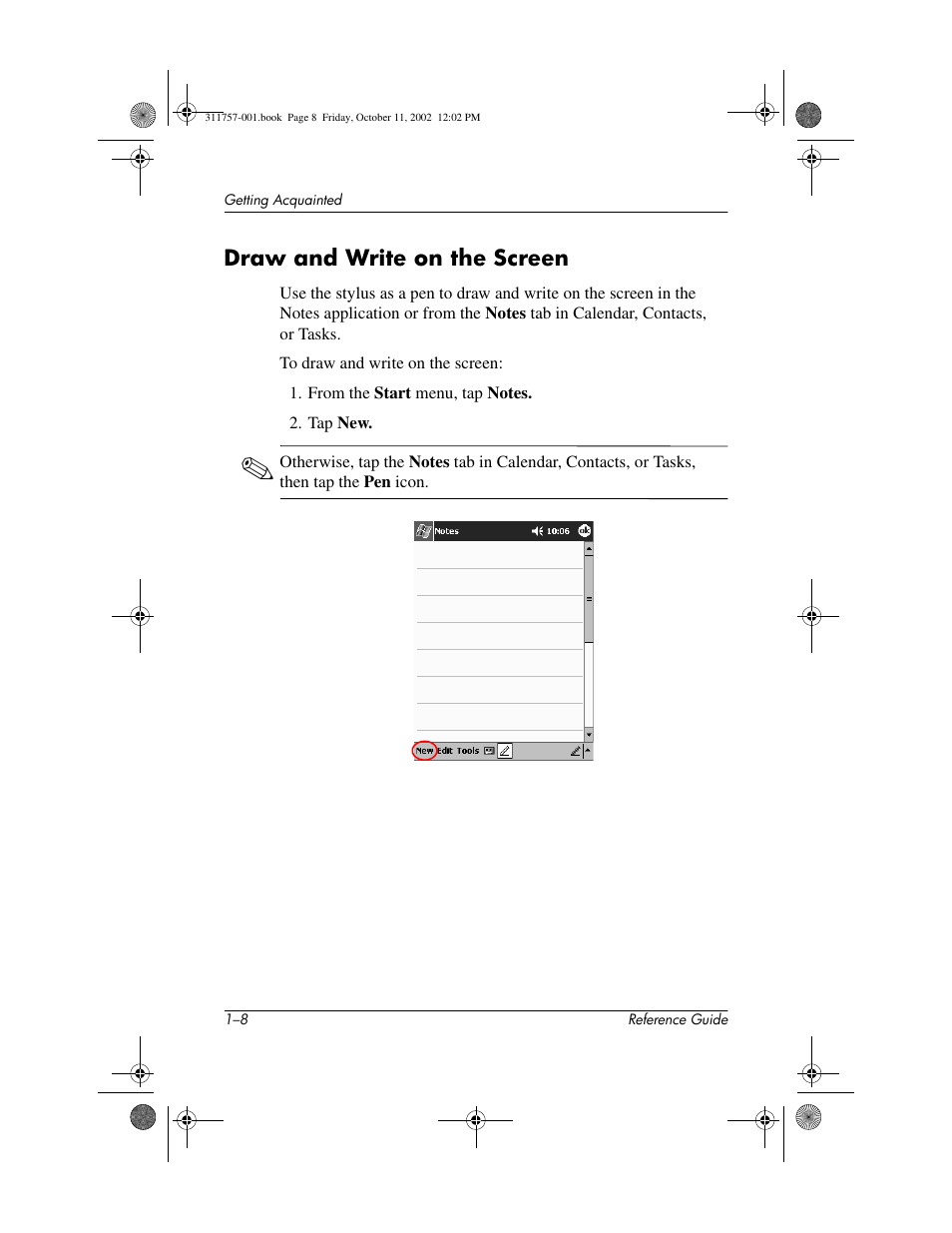 Draw and write on the screen, Draw and write on the screen –8, Drawing and writing with the stylus | HP iPAQ h1900 Pocket PC series User Manual | Page 14 / 105