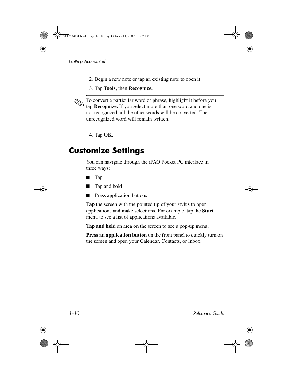 Customize settings, Customize settings –10 | HP iPAQ h1900 Pocket PC series User Manual | Page 16 / 105