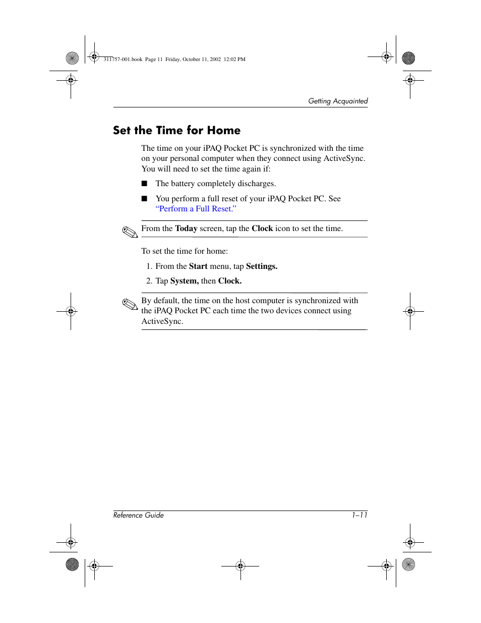 Set the time for home, Set the time for home –11 | HP iPAQ h1900 Pocket PC series User Manual | Page 17 / 105