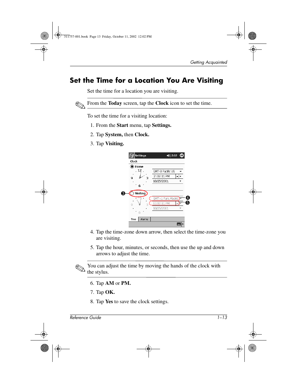 Set the time for a location you are visiting, Set the time for a location you are visiting –13 | HP iPAQ h1900 Pocket PC series User Manual | Page 19 / 105