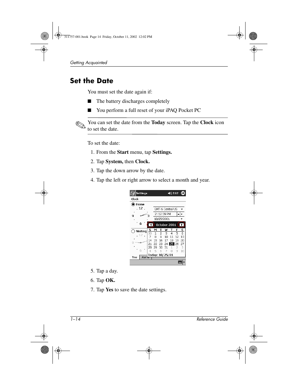 Set the date, Set the date –14 | HP iPAQ h1900 Pocket PC series User Manual | Page 20 / 105