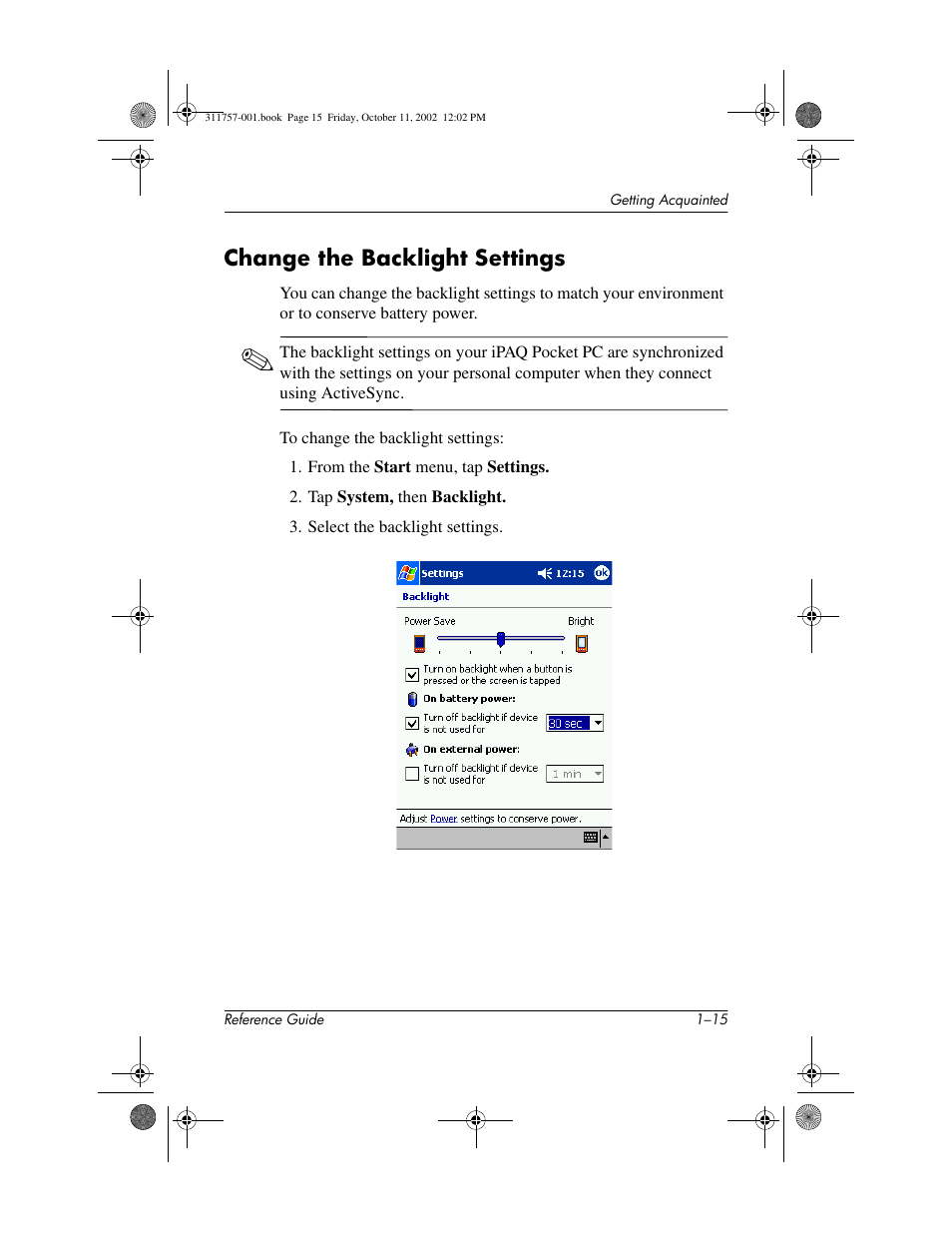 Change the backlight settings, Change the backlight settings –15 | HP iPAQ h1900 Pocket PC series User Manual | Page 21 / 105