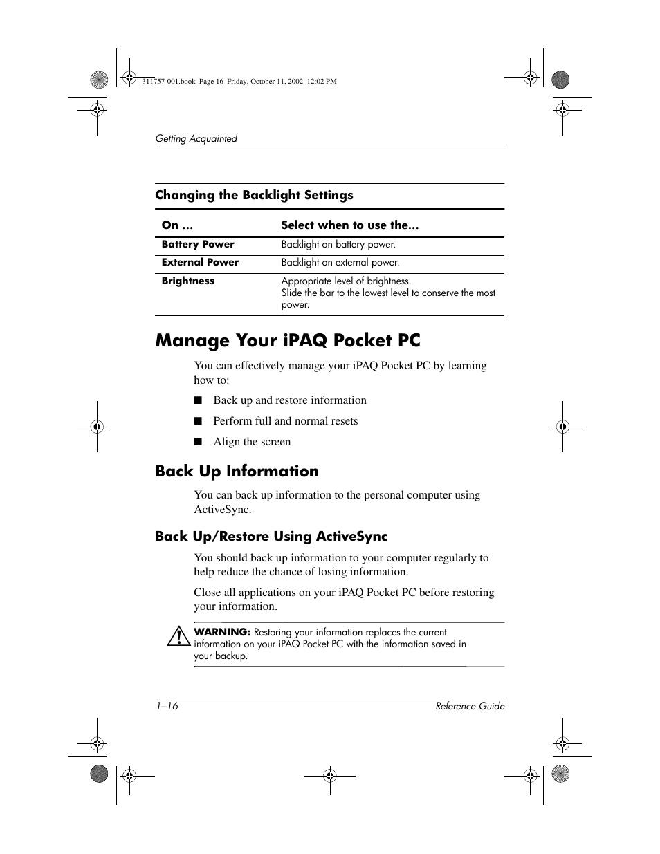 Manage your ipaq pocket pc, Back up information, Manage your ipaq pocket pc –16 | Back up information –16 | HP iPAQ h1900 Pocket PC series User Manual | Page 22 / 105