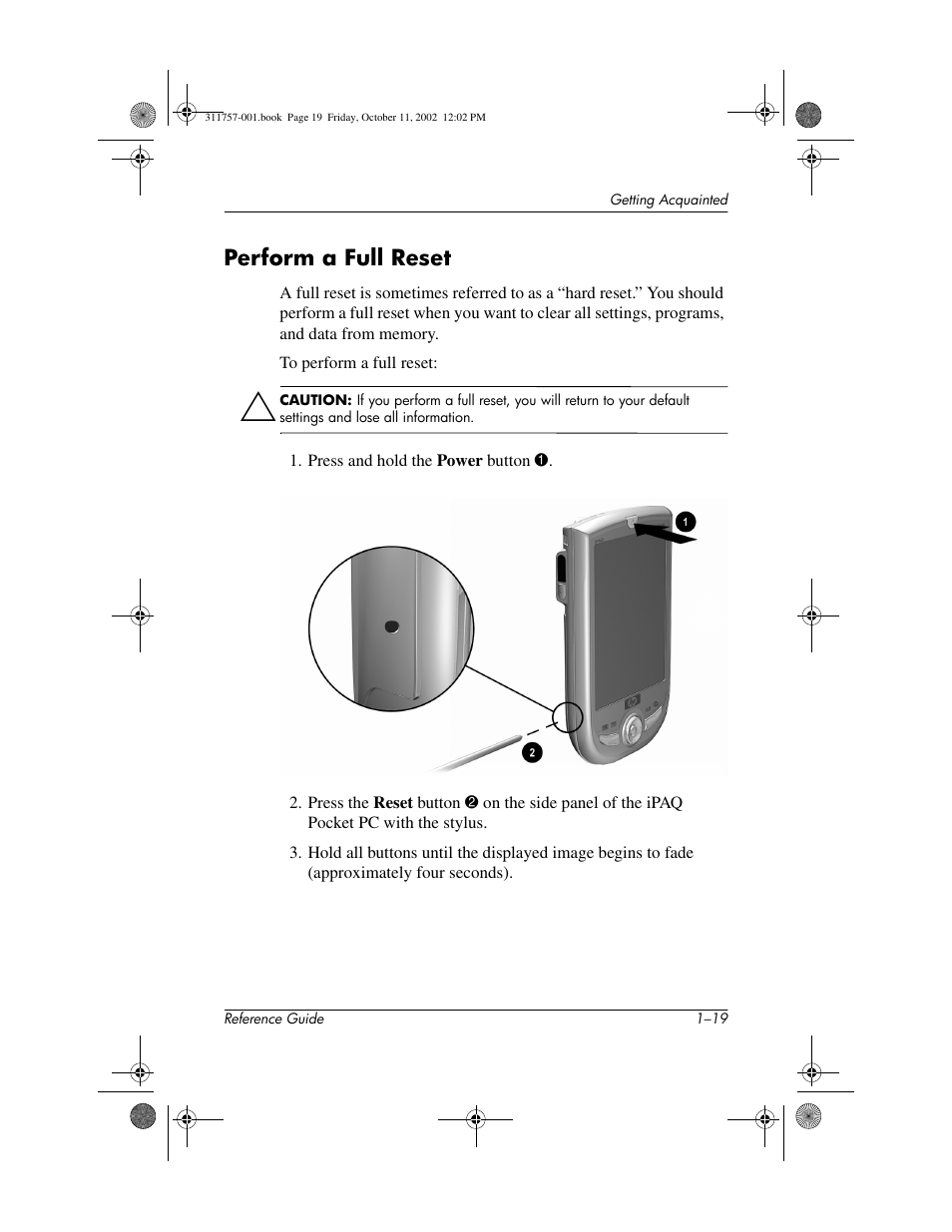 Perform a full reset, Perform a full reset –19 | HP iPAQ h1900 Pocket PC series User Manual | Page 25 / 105