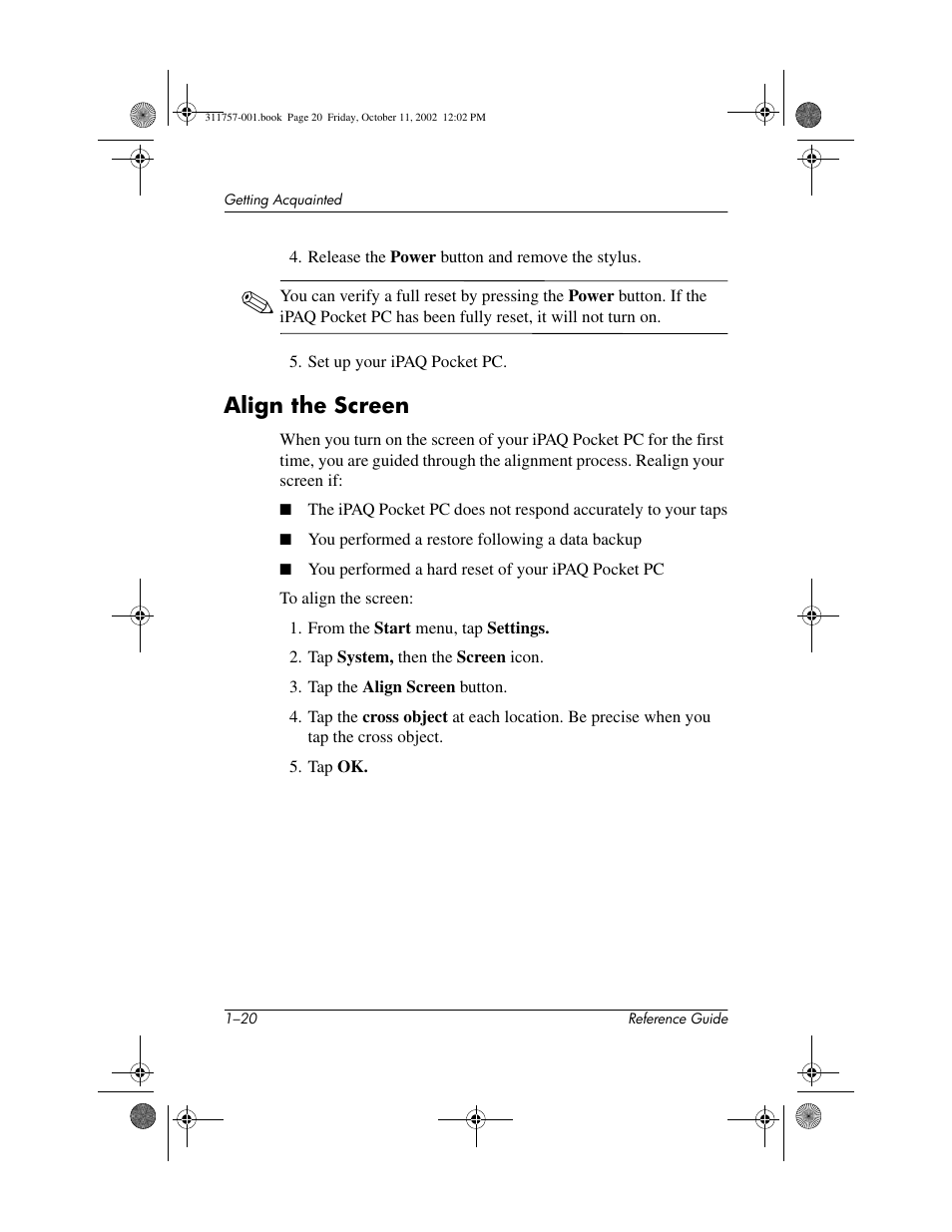 Align the screen, Align the screen –20 | HP iPAQ h1900 Pocket PC series User Manual | Page 26 / 105