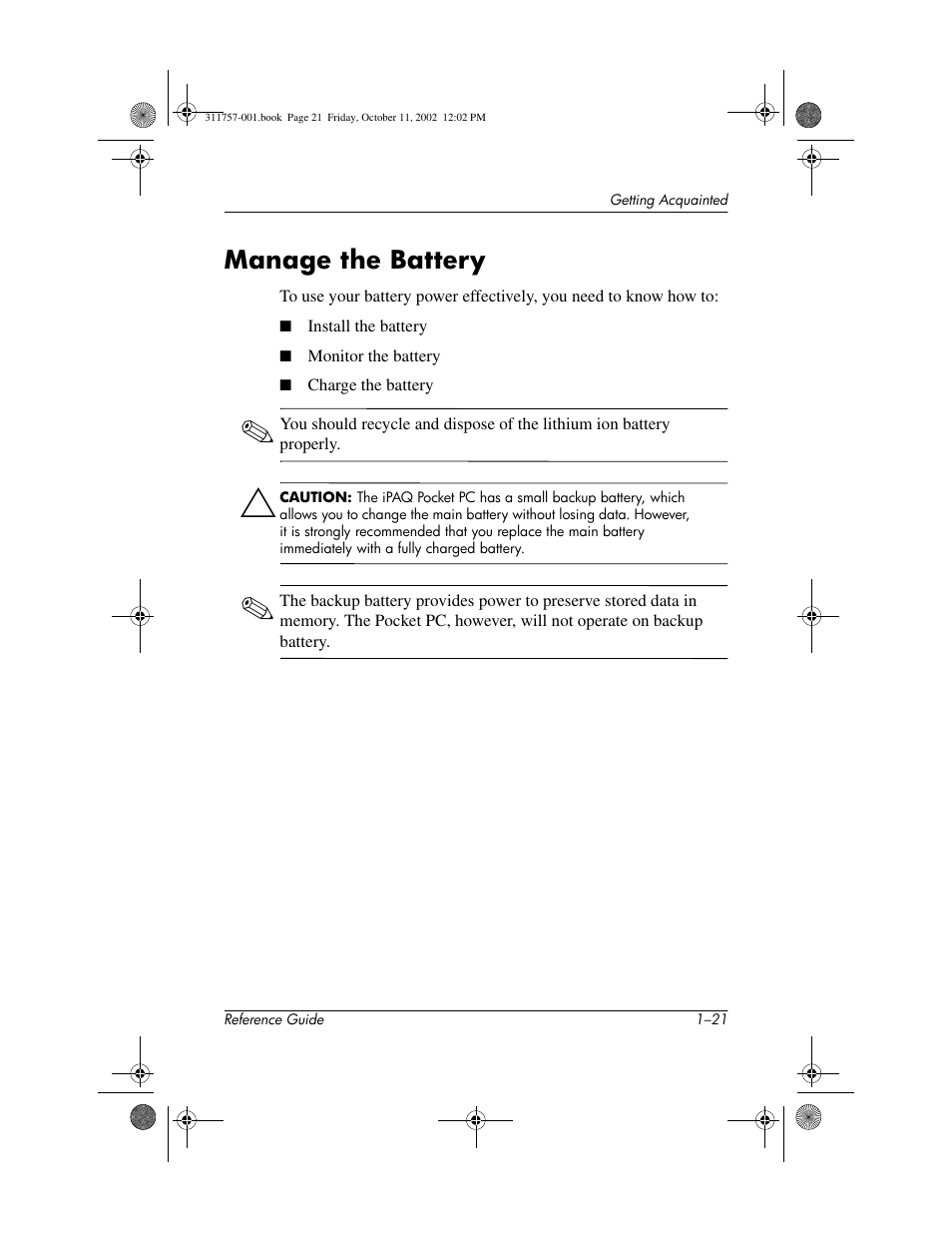 Manage the battery, Manage the battery –21 | HP iPAQ h1900 Pocket PC series User Manual | Page 27 / 105