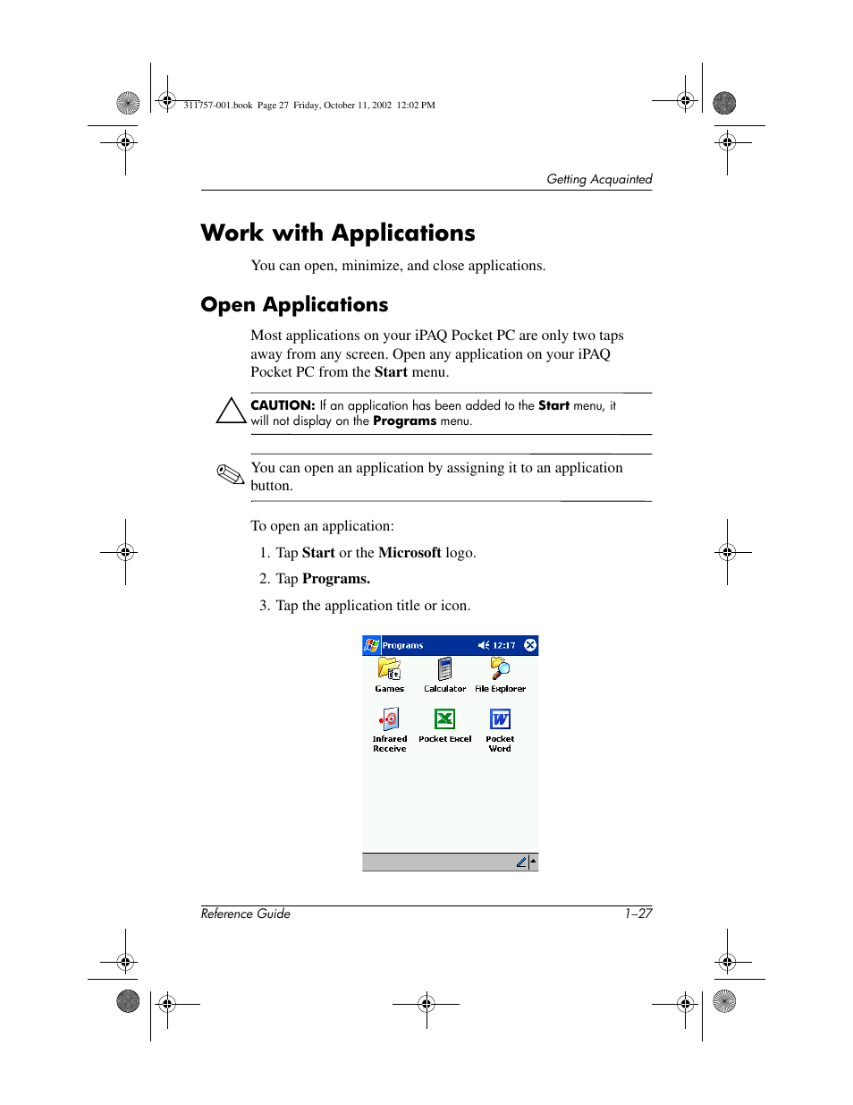 Work with applications, Open applications, Work with applications –27 | Open applications –27 | HP iPAQ h1900 Pocket PC series User Manual | Page 33 / 105