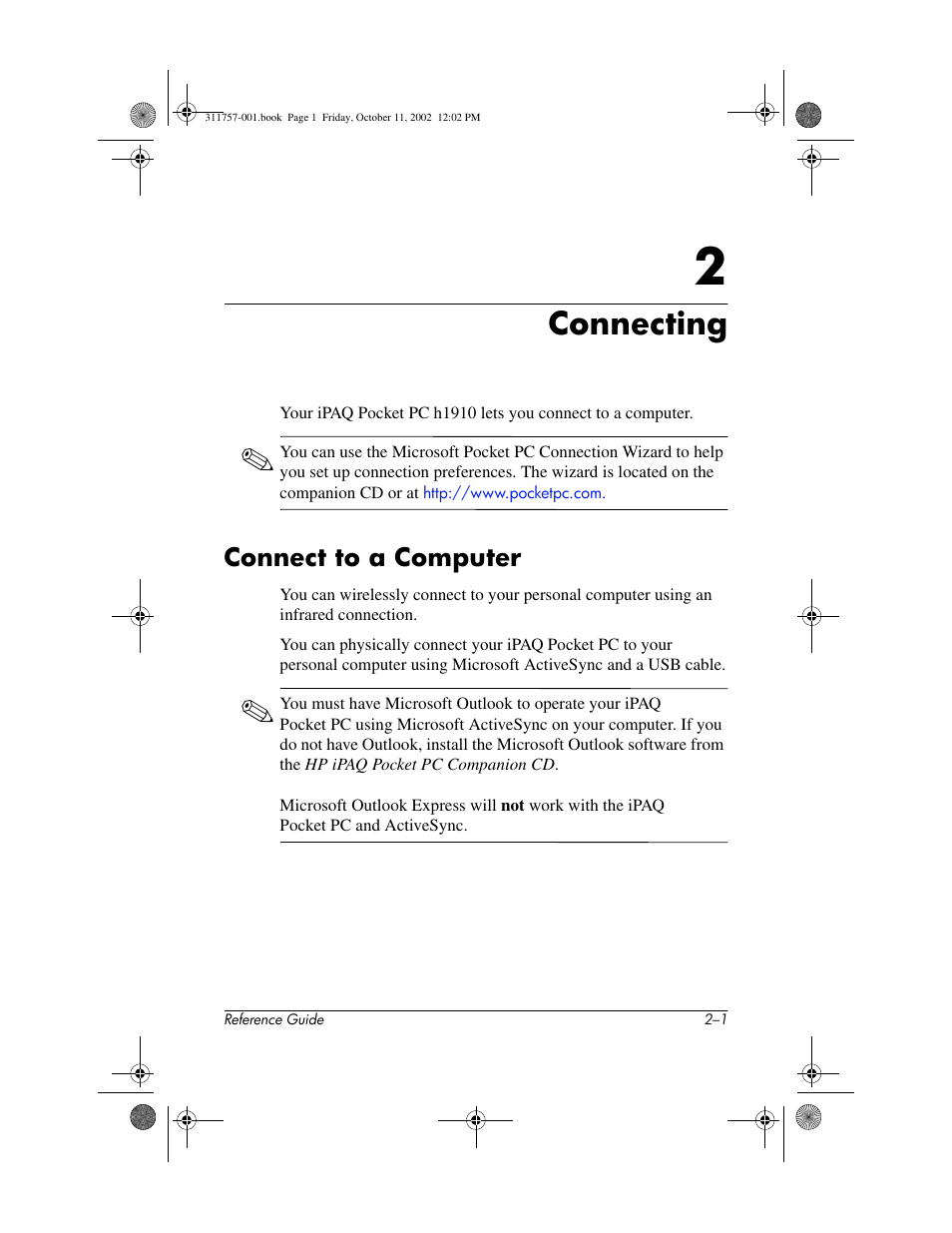 Connecting, Connect to a computer, 2 connecting | Connect to a computer –1 | HP iPAQ h1900 Pocket PC series User Manual | Page 38 / 105