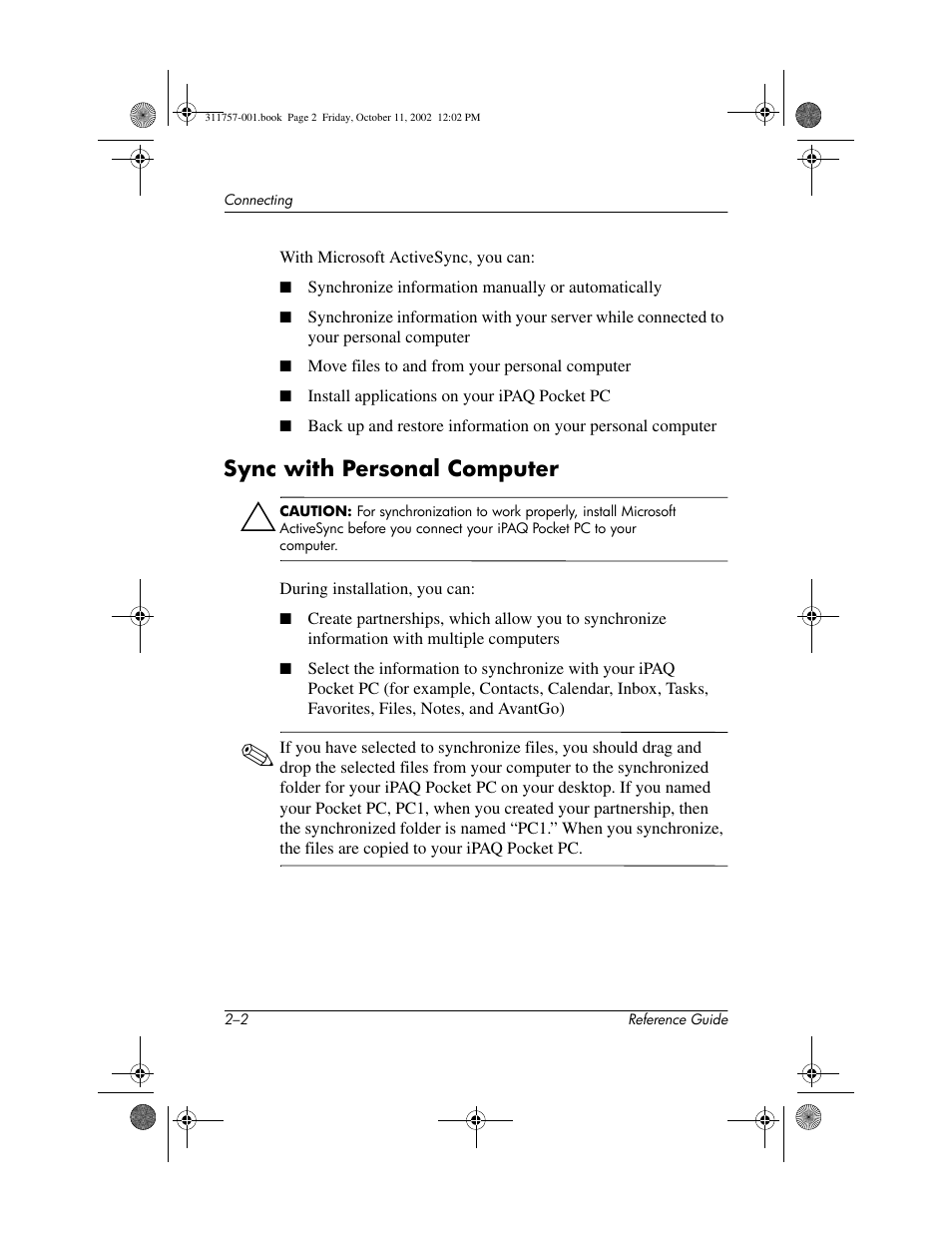 Sync with personal computer, Sync with personal computer –2 | HP iPAQ h1900 Pocket PC series User Manual | Page 39 / 105