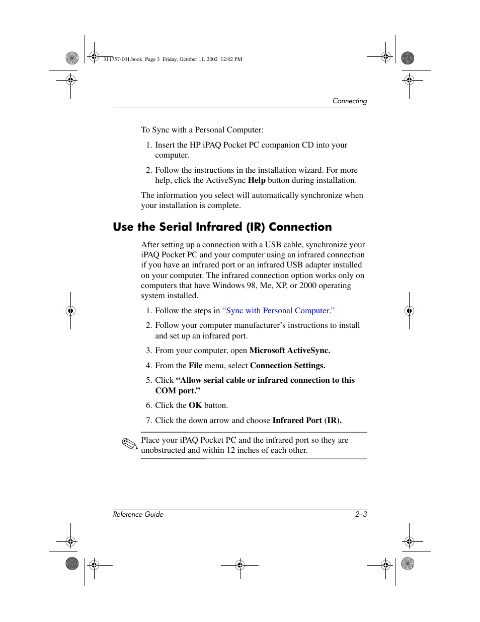 Use the serial infrared (ir) connection, Use the serial infrared (ir) connection –3 | HP iPAQ h1900 Pocket PC series User Manual | Page 40 / 105