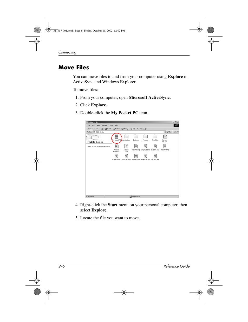 Move files, Move files –6, Move files to and from your personal computer | HP iPAQ h1900 Pocket PC series User Manual | Page 43 / 105