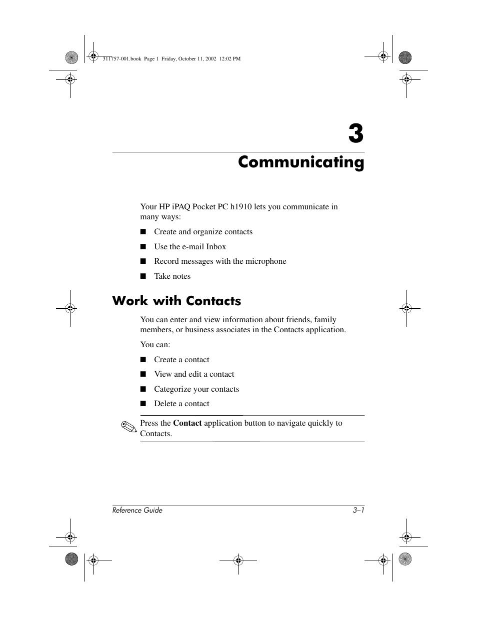 Communicating, Work with contacts, 3 communicating | Work with contacts –1 | HP iPAQ h1900 Pocket PC series User Manual | Page 45 / 105