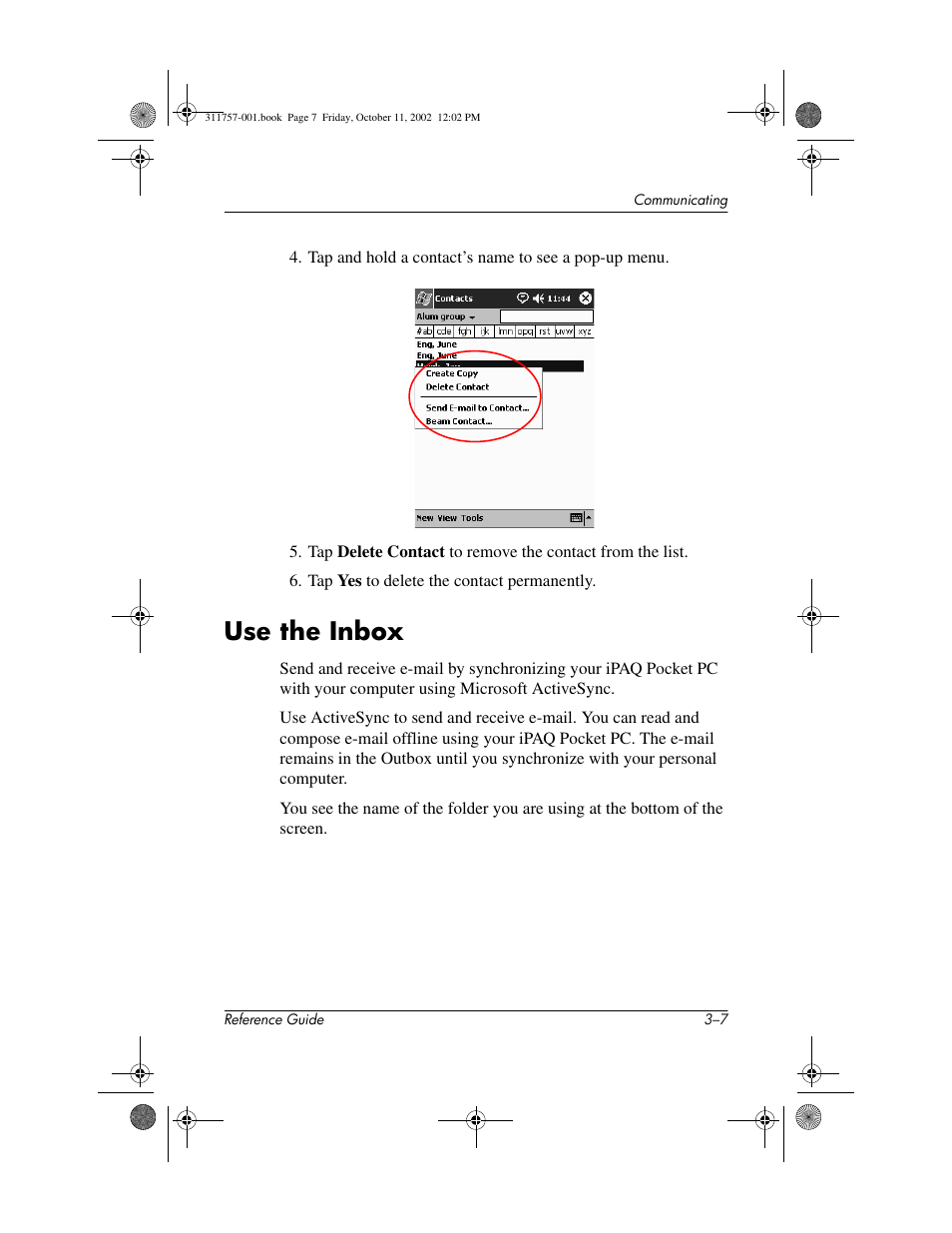 Use the inbox, Use the inbox –7, Use the e-mail inbox | HP iPAQ h1900 Pocket PC series User Manual | Page 51 / 105