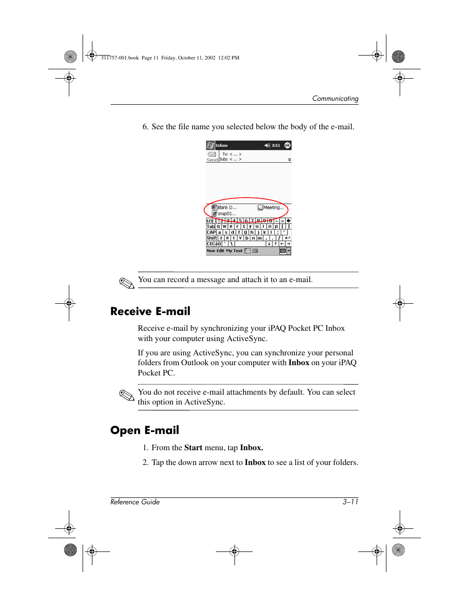 Receive e-mail, Open e-mail, Receive e-mail –11 open e-mail –11 | HP iPAQ h1900 Pocket PC series User Manual | Page 55 / 105