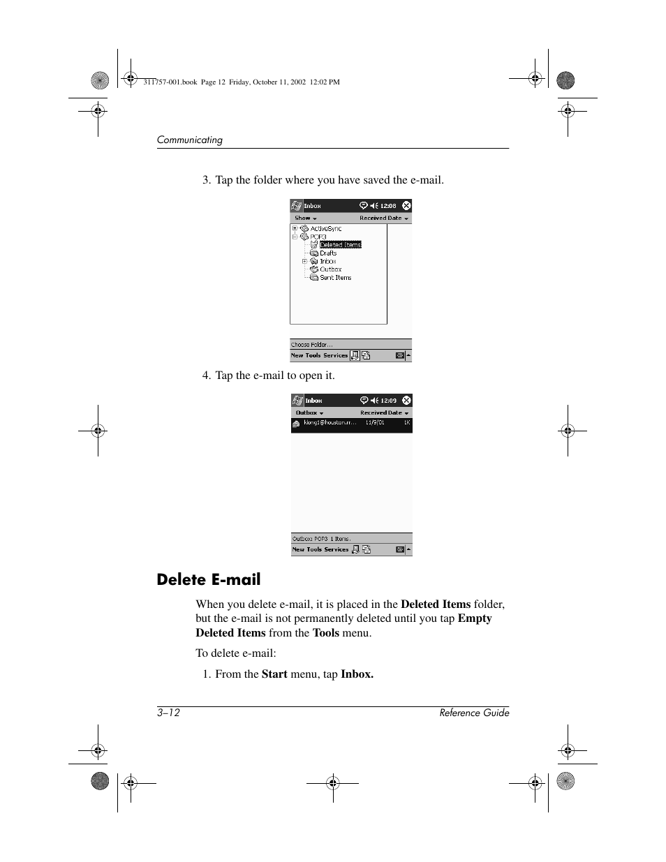 Delete e-mail, Delete e-mail –12 | HP iPAQ h1900 Pocket PC series User Manual | Page 56 / 105