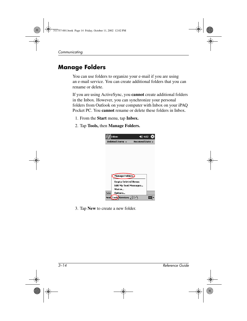 Manage folders, Manage folders –14 | HP iPAQ h1900 Pocket PC series User Manual | Page 58 / 105