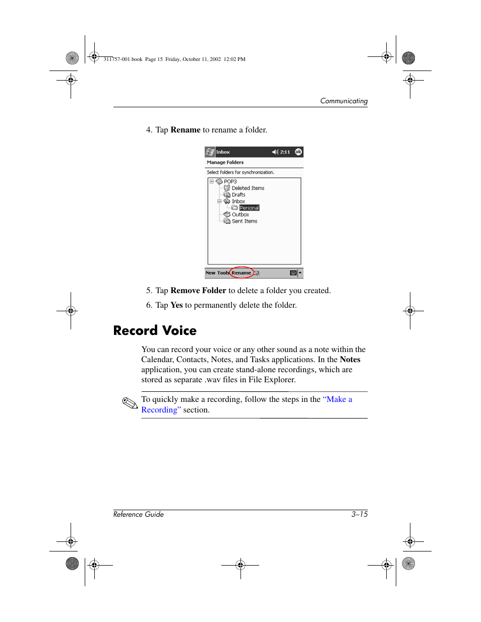 Record voice, Record voice –15, Record messages with the microphone | HP iPAQ h1900 Pocket PC series User Manual | Page 59 / 105