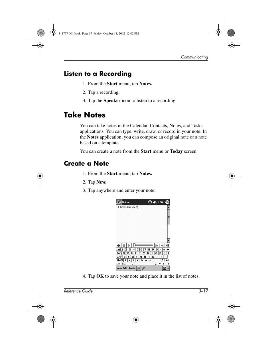 Listen to a recording, Take notes, Create a note | Listen to a recording –17, Take notes –17, Create a note –17 | HP iPAQ h1900 Pocket PC series User Manual | Page 61 / 105