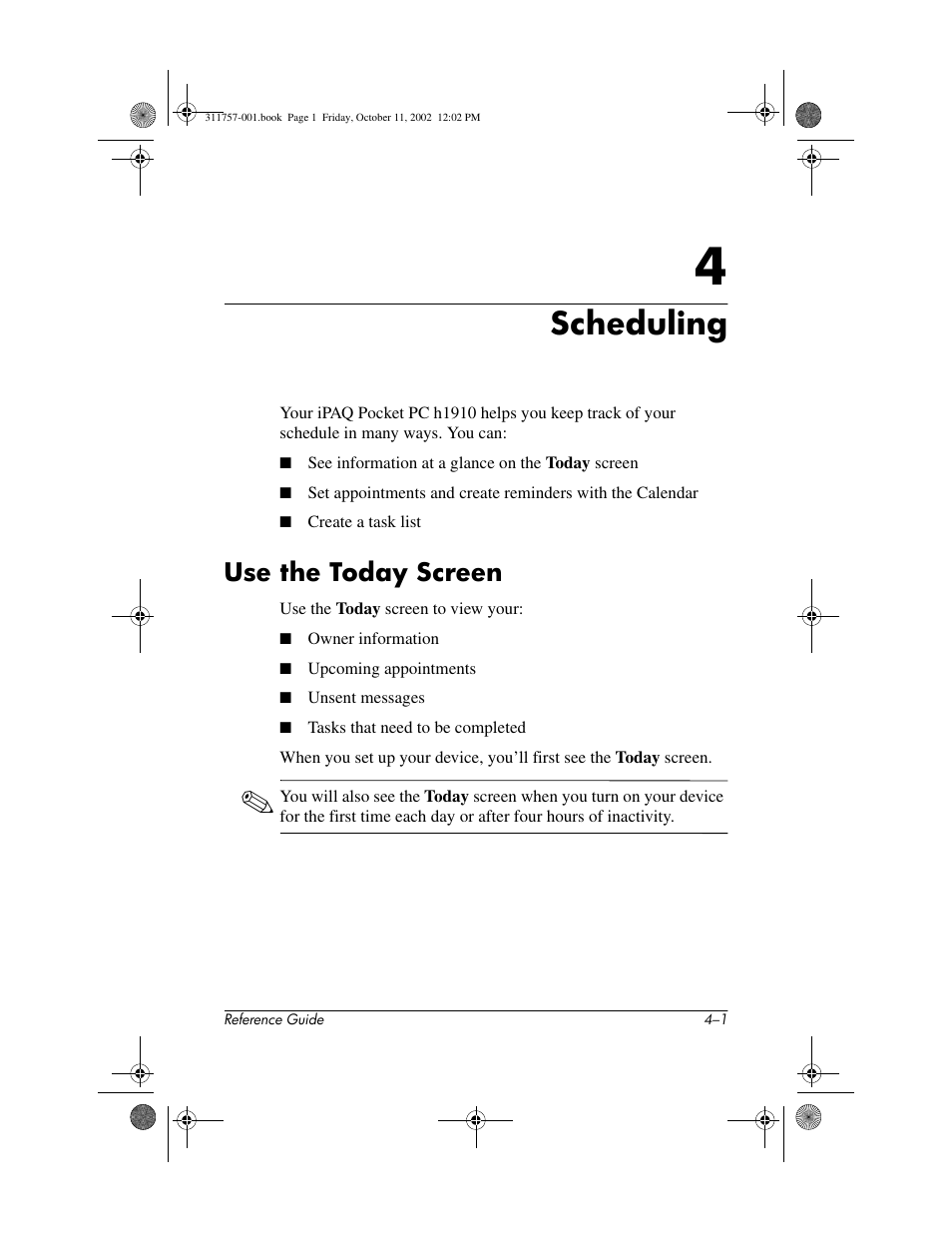 Scheduling, Use the today screen, 4 scheduling | Use the today screen –1 | HP iPAQ h1900 Pocket PC series User Manual | Page 62 / 105