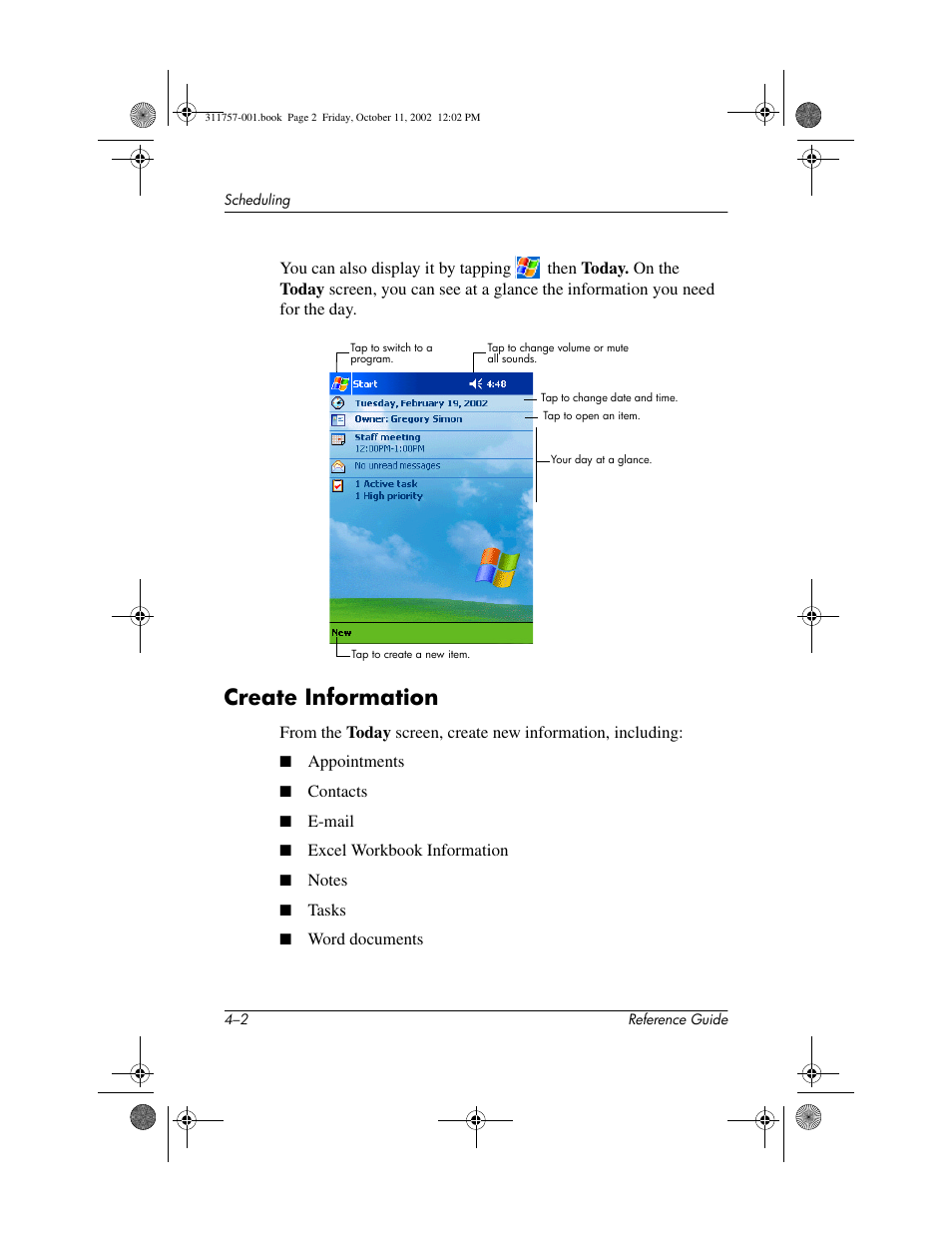 Create information, Create information –2 | HP iPAQ h1900 Pocket PC series User Manual | Page 63 / 105