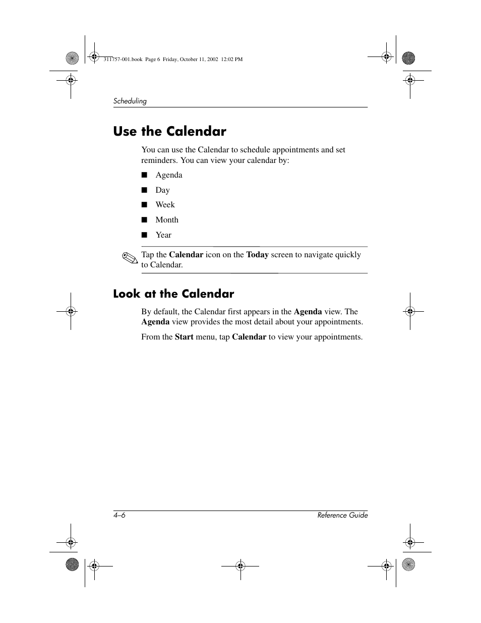 Use the calendar, Look at the calendar, Use the calendar –6 | Look at the calendar –6 | HP iPAQ h1900 Pocket PC series User Manual | Page 67 / 105