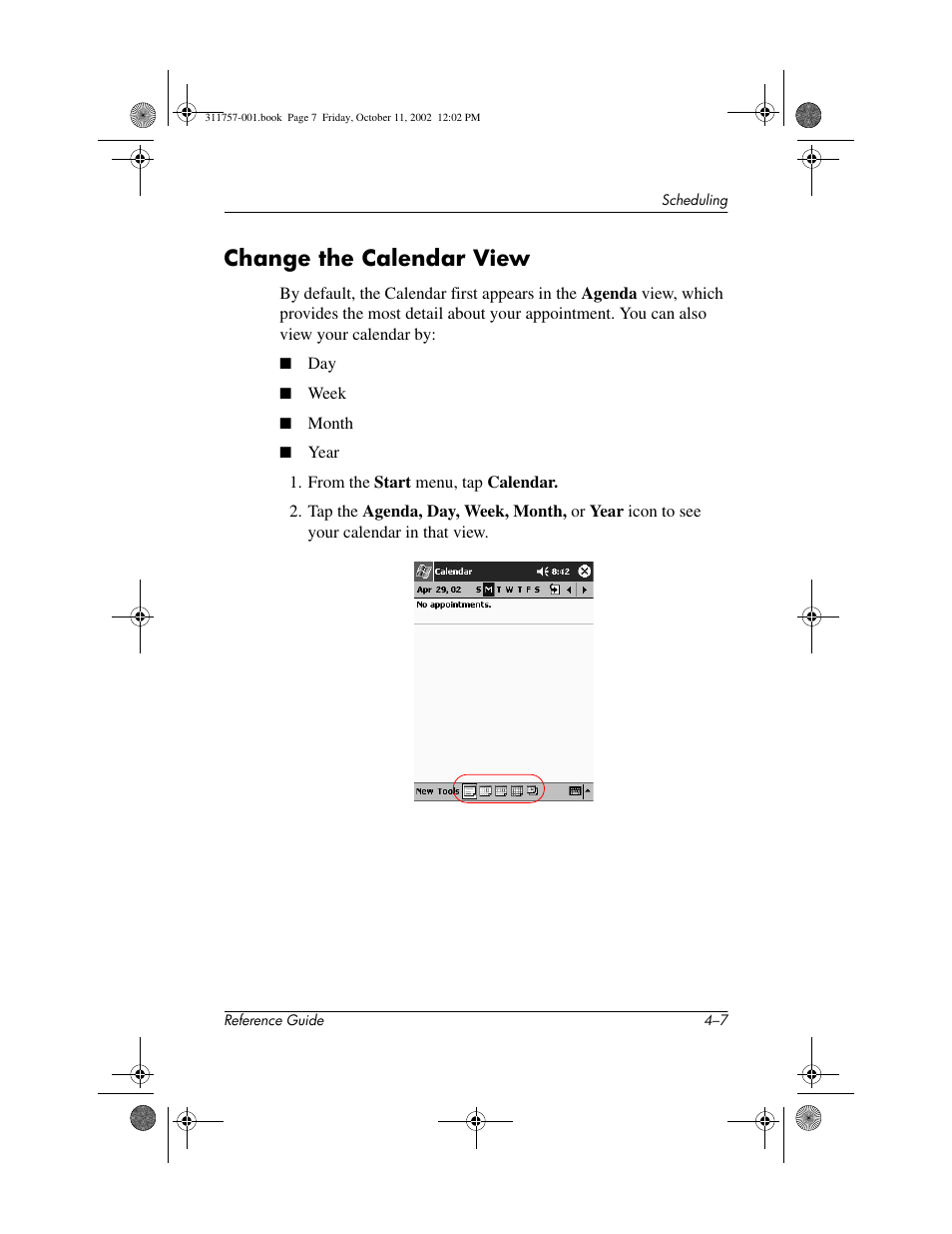 Change the calendar view, Change the calendar view –7 | HP iPAQ h1900 Pocket PC series User Manual | Page 68 / 105