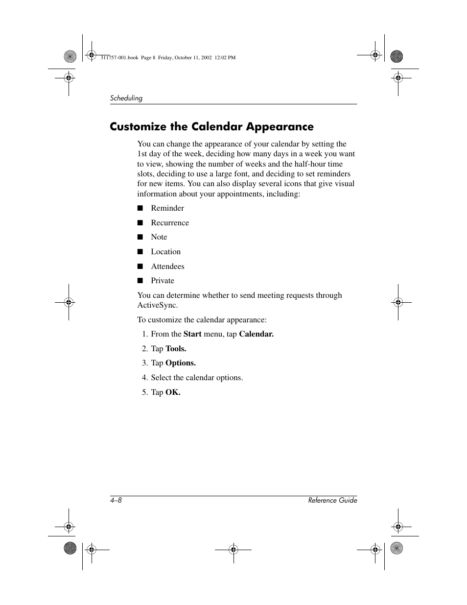 Customize the calendar appearance, Customize the calendar appearance –8 | HP iPAQ h1900 Pocket PC series User Manual | Page 69 / 105