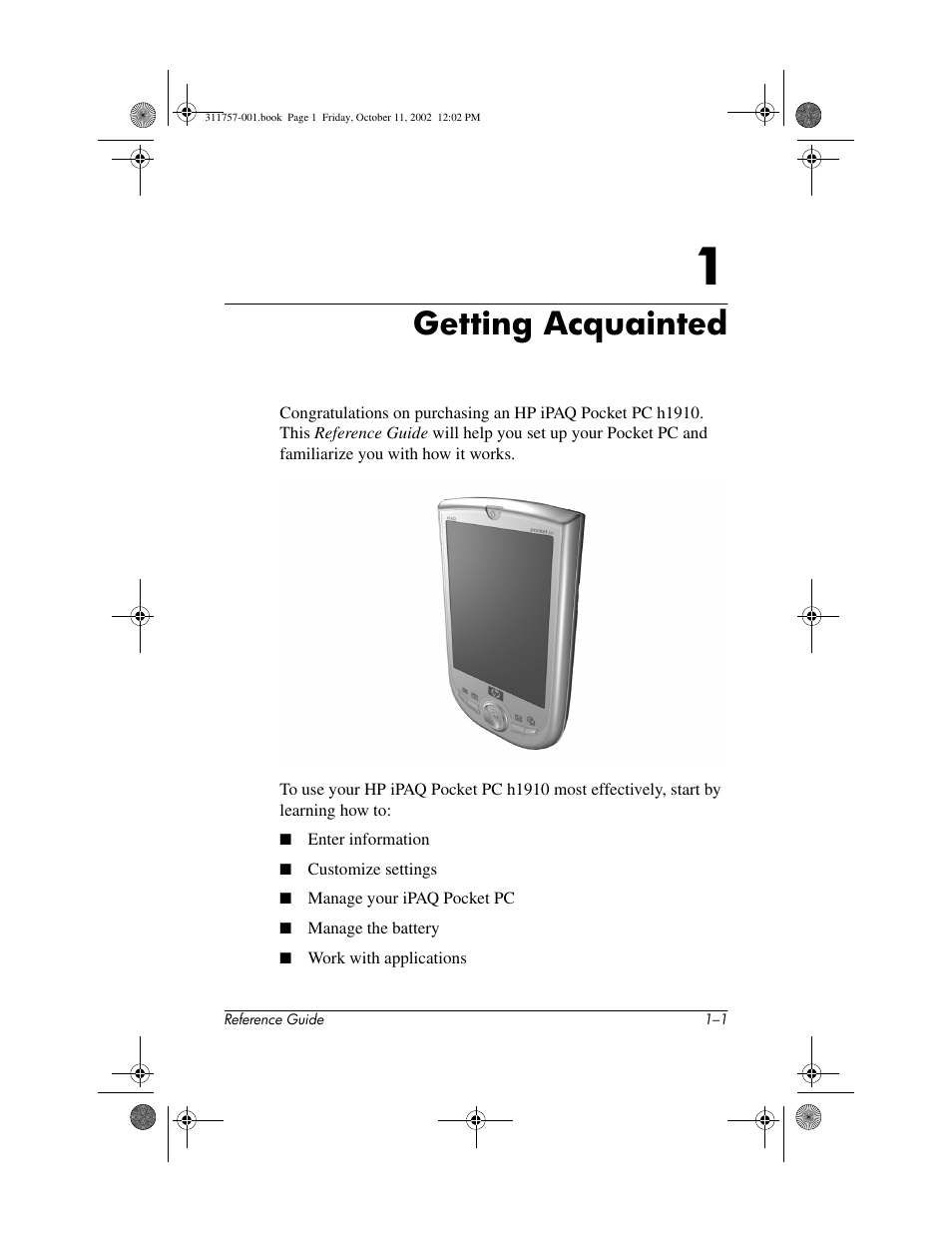 Getting acquainted, 1 getting acquainted | HP iPAQ h1900 Pocket PC series User Manual | Page 7 / 105