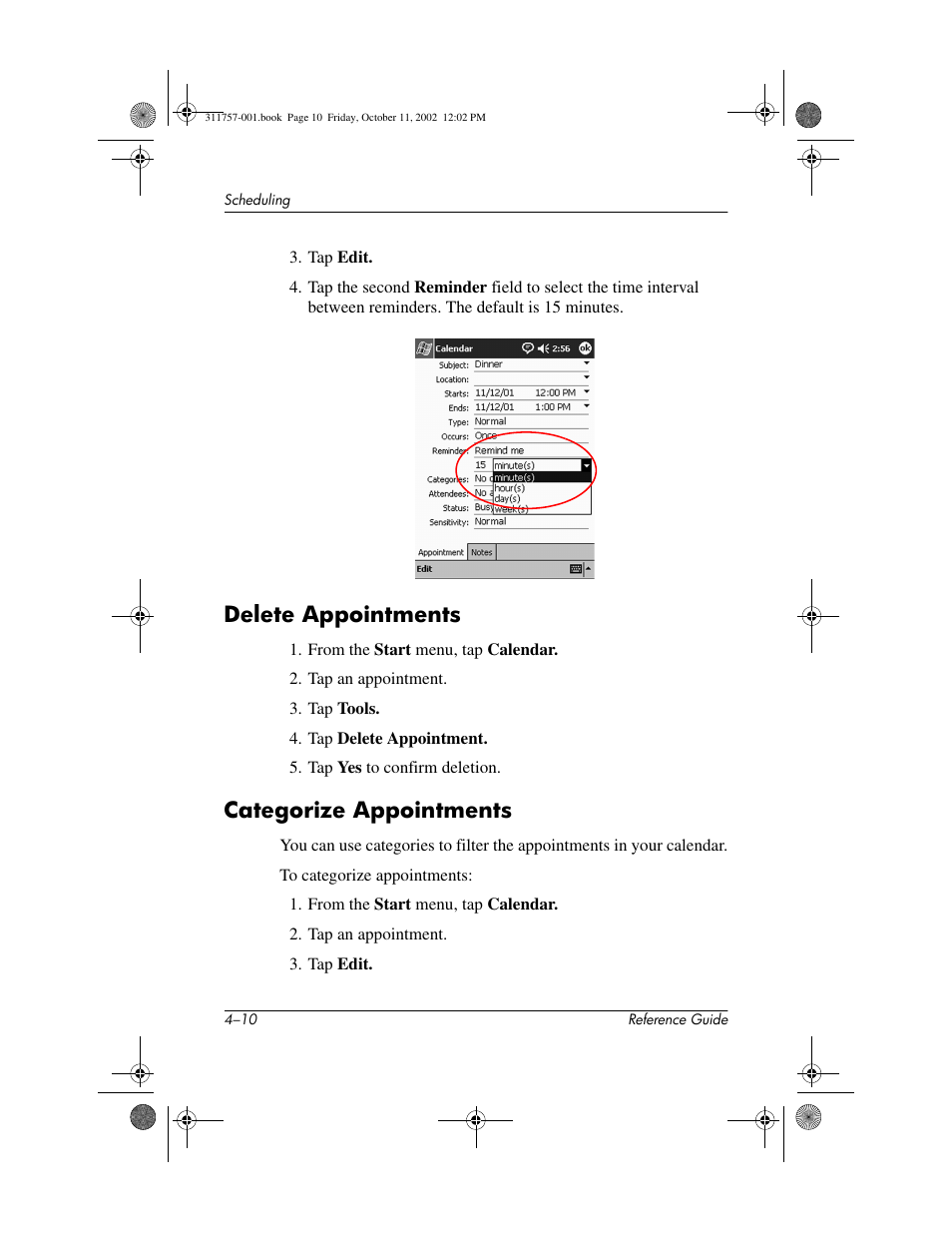 Delete appointments, Categorize appointments | HP iPAQ h1900 Pocket PC series User Manual | Page 71 / 105