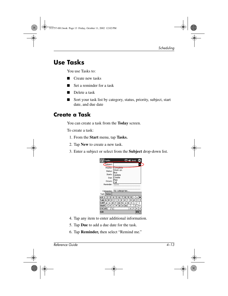 Use tasks, Create a task, Use tasks –13 | Create a task –13 | HP iPAQ h1900 Pocket PC series User Manual | Page 74 / 105