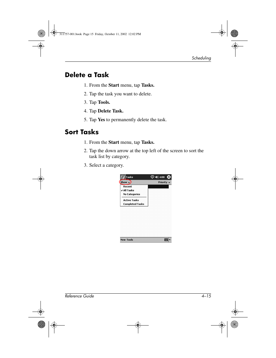 Delete a task, Sort tasks, Delete a task –15 sort tasks –15 | HP iPAQ h1900 Pocket PC series User Manual | Page 76 / 105