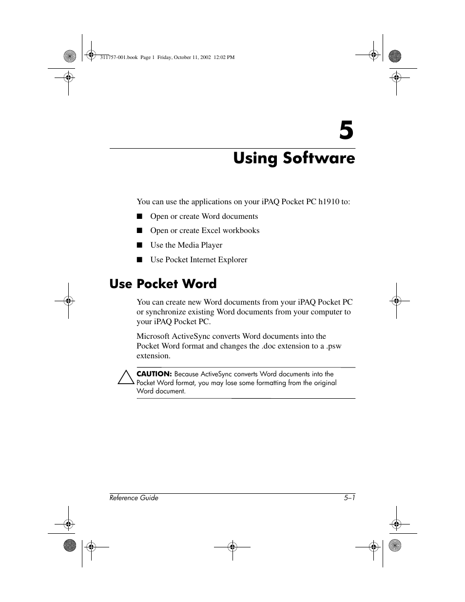 Using software, Use pocket word, 5 using software | Use pocket word –1 | HP iPAQ h1900 Pocket PC series User Manual | Page 78 / 105