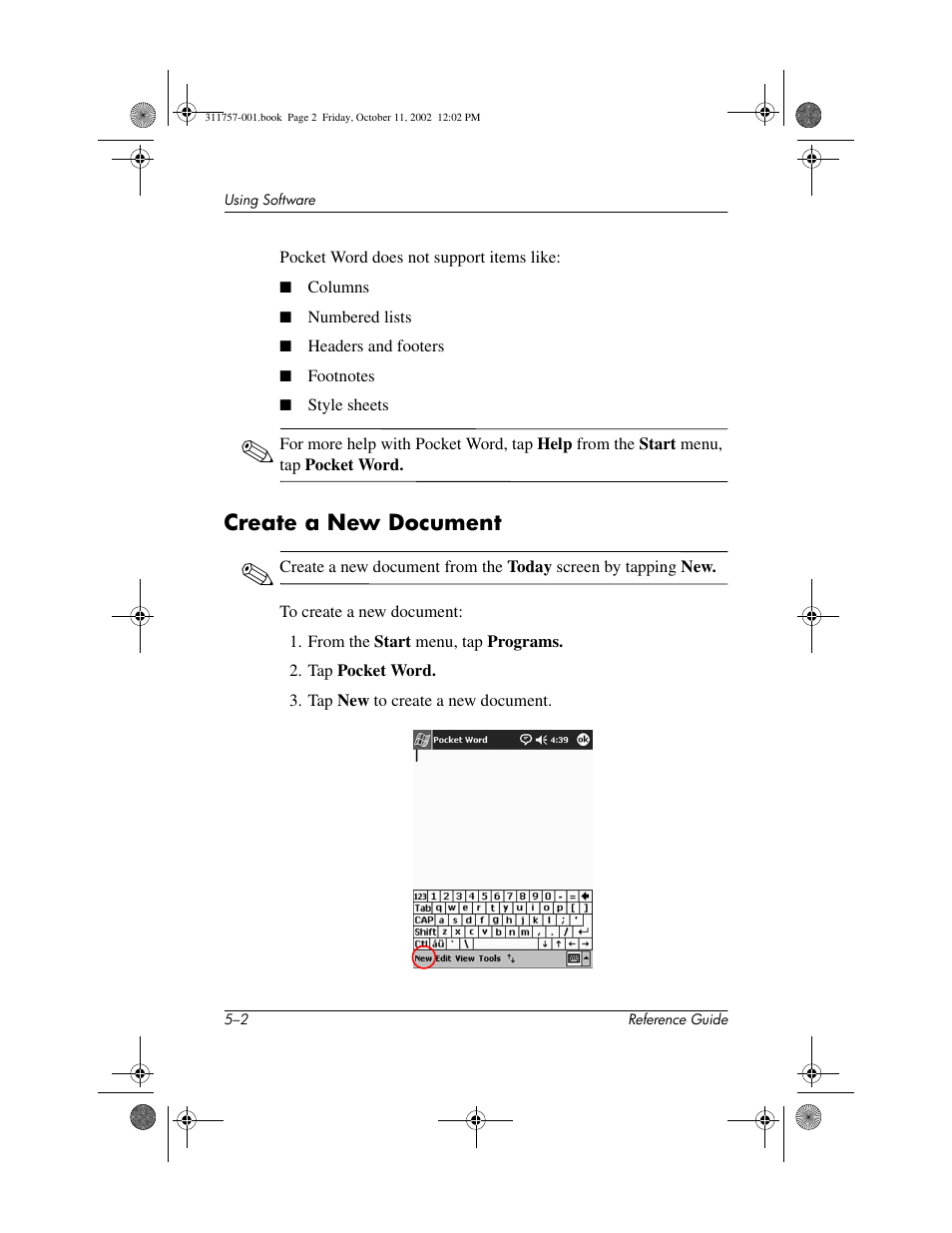 Create a new document, Create a new document –2 | HP iPAQ h1900 Pocket PC series User Manual | Page 79 / 105