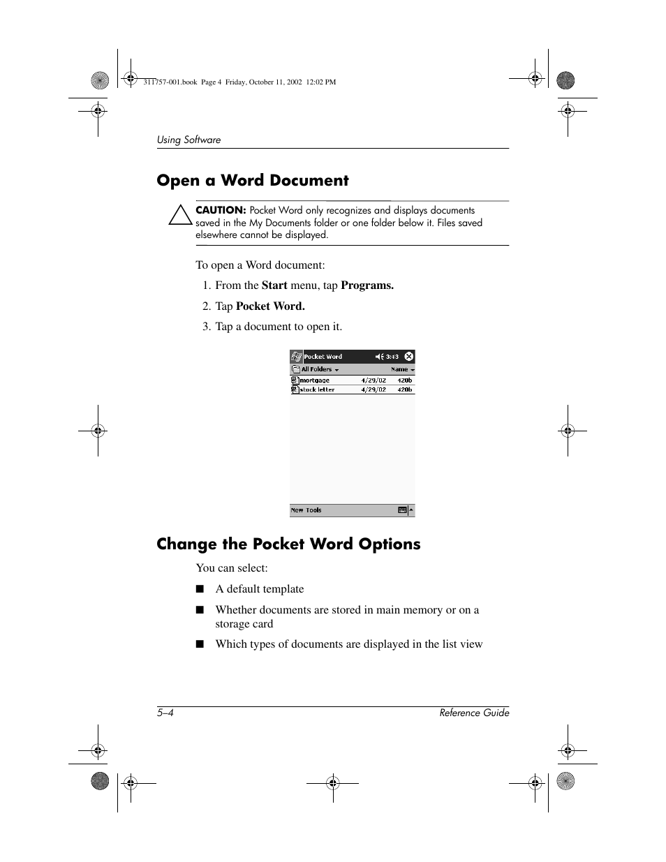 Open a word document, Change the pocket word options | HP iPAQ h1900 Pocket PC series User Manual | Page 81 / 105