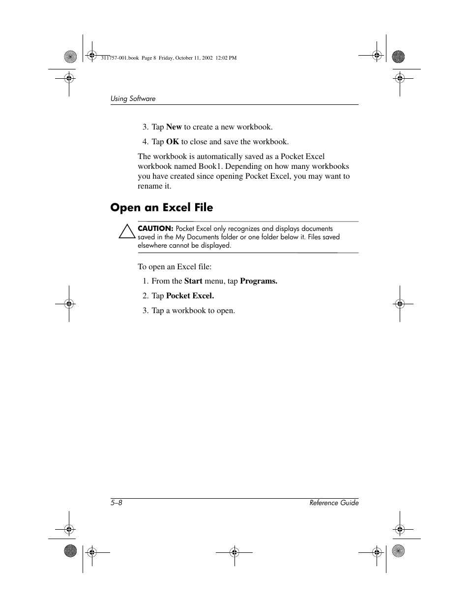 Open an excel file, Open an excel file –8 | HP iPAQ h1900 Pocket PC series User Manual | Page 85 / 105