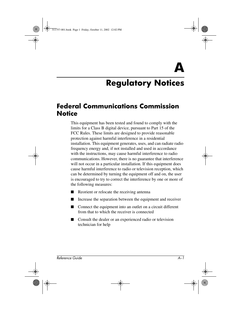 Regulatory notices, Federal communications commission notice, A regulatory notices | HP iPAQ h1900 Pocket PC series User Manual | Page 97 / 105