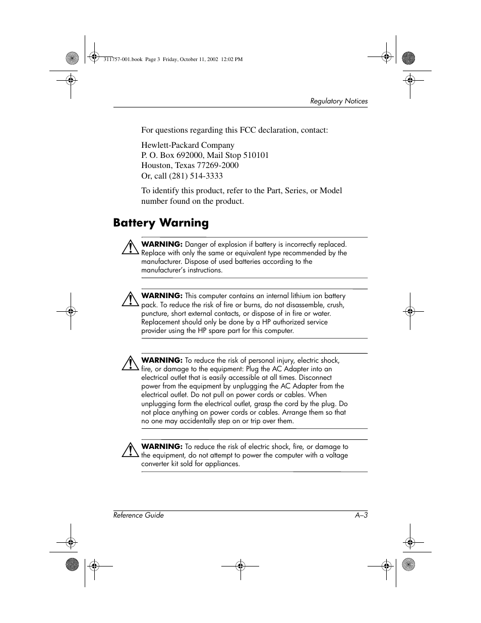 Battery warning | HP iPAQ h1900 Pocket PC series User Manual | Page 99 / 105