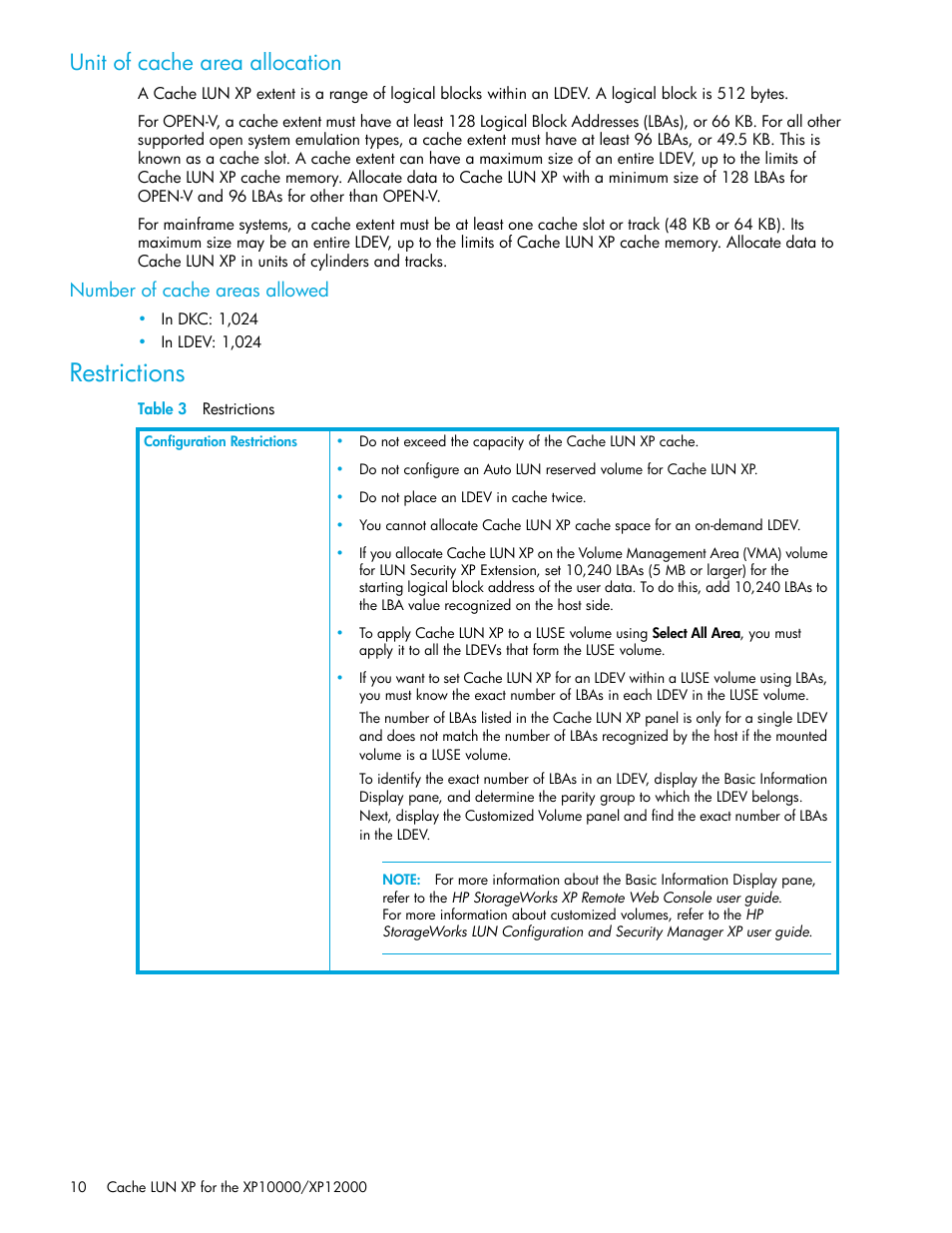 Unit of cache area allocation, Number of cache areas allowed, Restrictions | Table 3 restrictions, 3 restrictions | HP StorageWorks XP Remote Web Console Software User Manual | Page 10 / 30