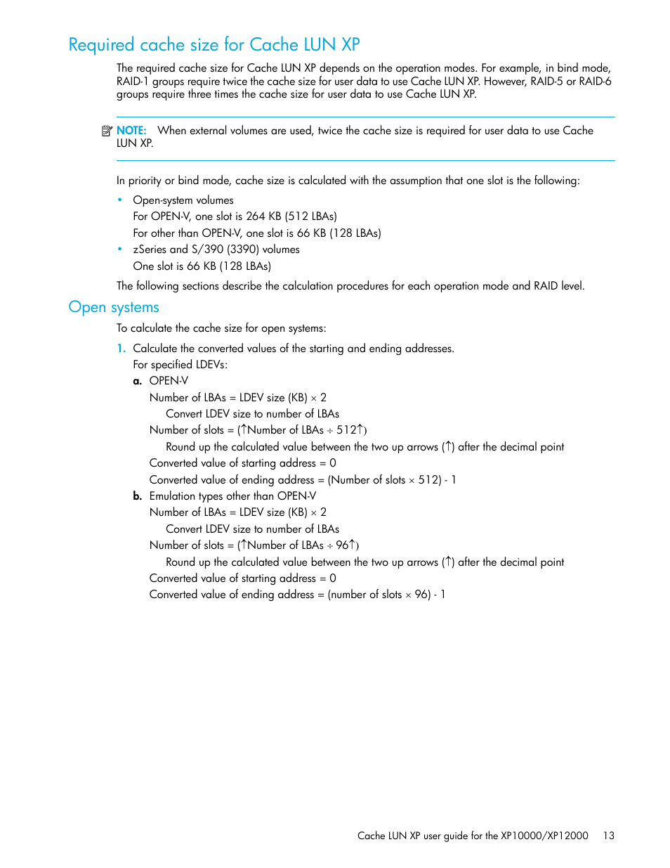 Required cache size for cache lun xp, Open systems | HP StorageWorks XP Remote Web Console Software User Manual | Page 13 / 30