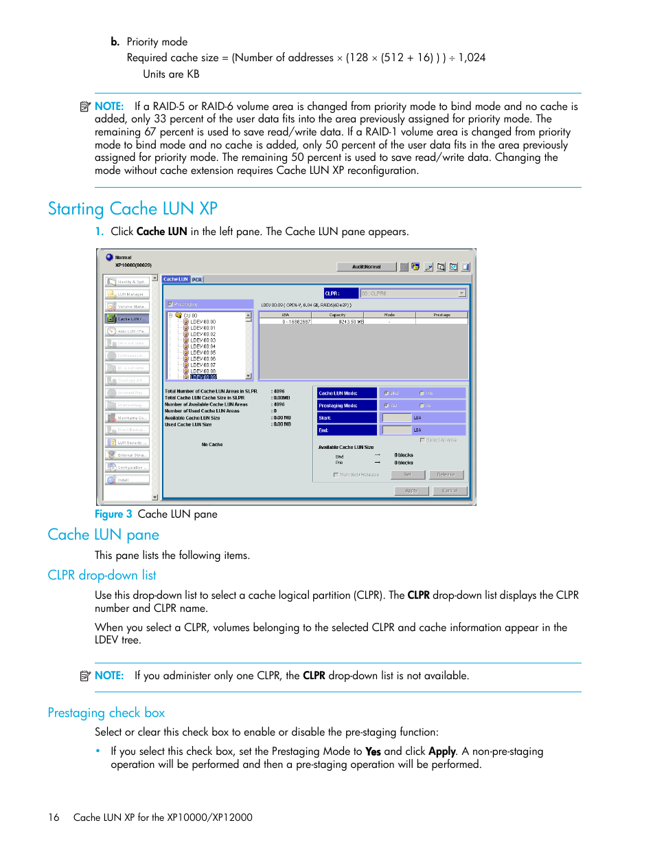 Starting cache lun xp, Figure 3 cache lun pane, Cache lun pane | Clpr drop-down list, Prestaging check box, 3 cache lun pane | HP StorageWorks XP Remote Web Console Software User Manual | Page 16 / 30