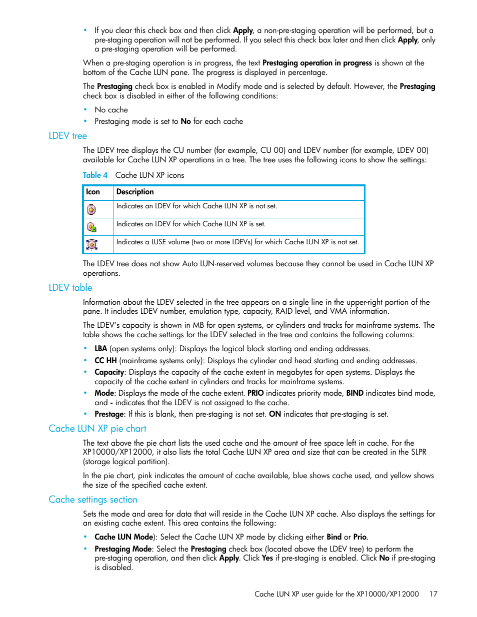 Ldev tree, Table 4 cache lun xp icons, Ldev table | Cache lun xp pie chart, Cache settings section, 4 cache lun xp icons | HP StorageWorks XP Remote Web Console Software User Manual | Page 17 / 30