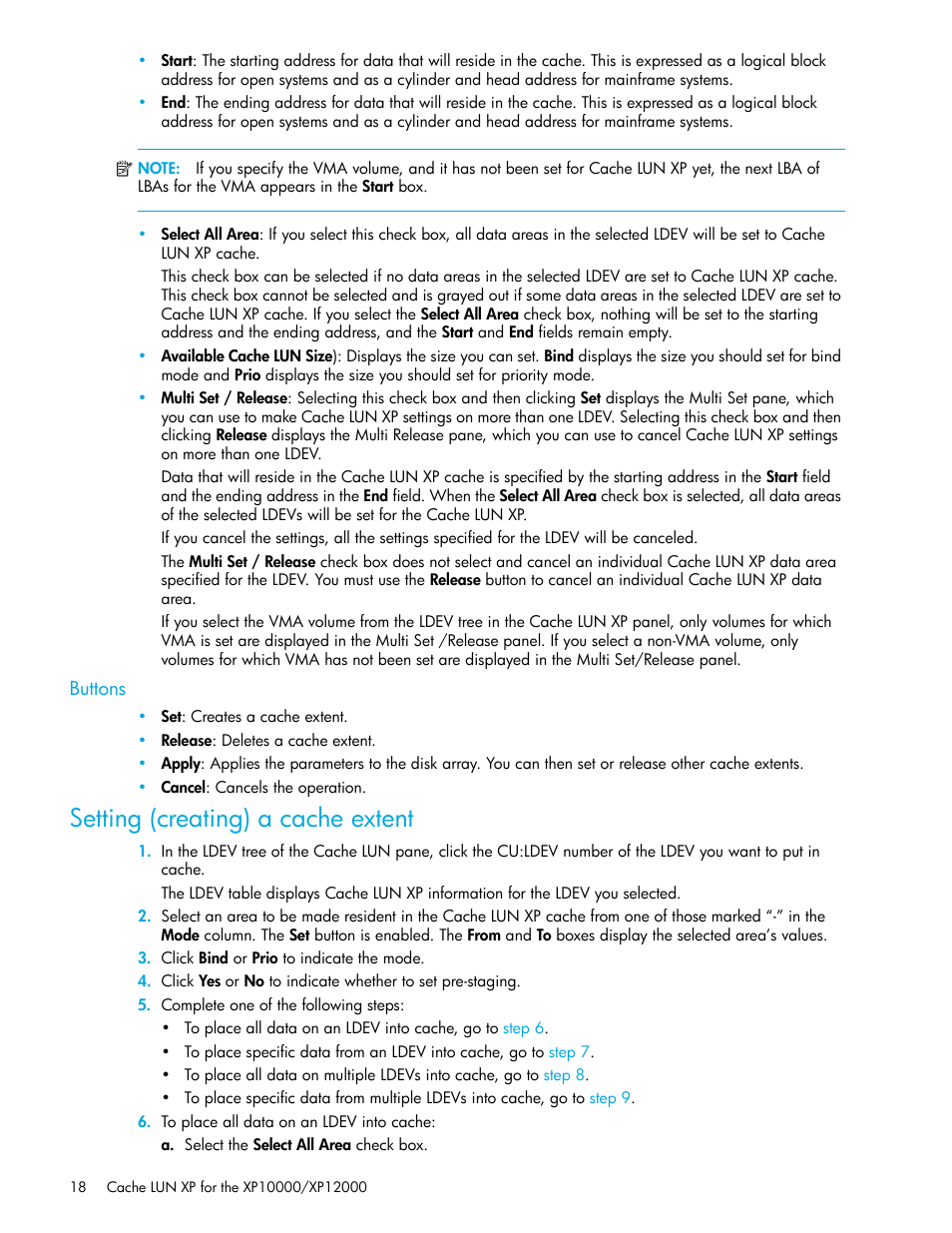 Buttons, Setting (creating) a cache extent | HP StorageWorks XP Remote Web Console Software User Manual | Page 18 / 30